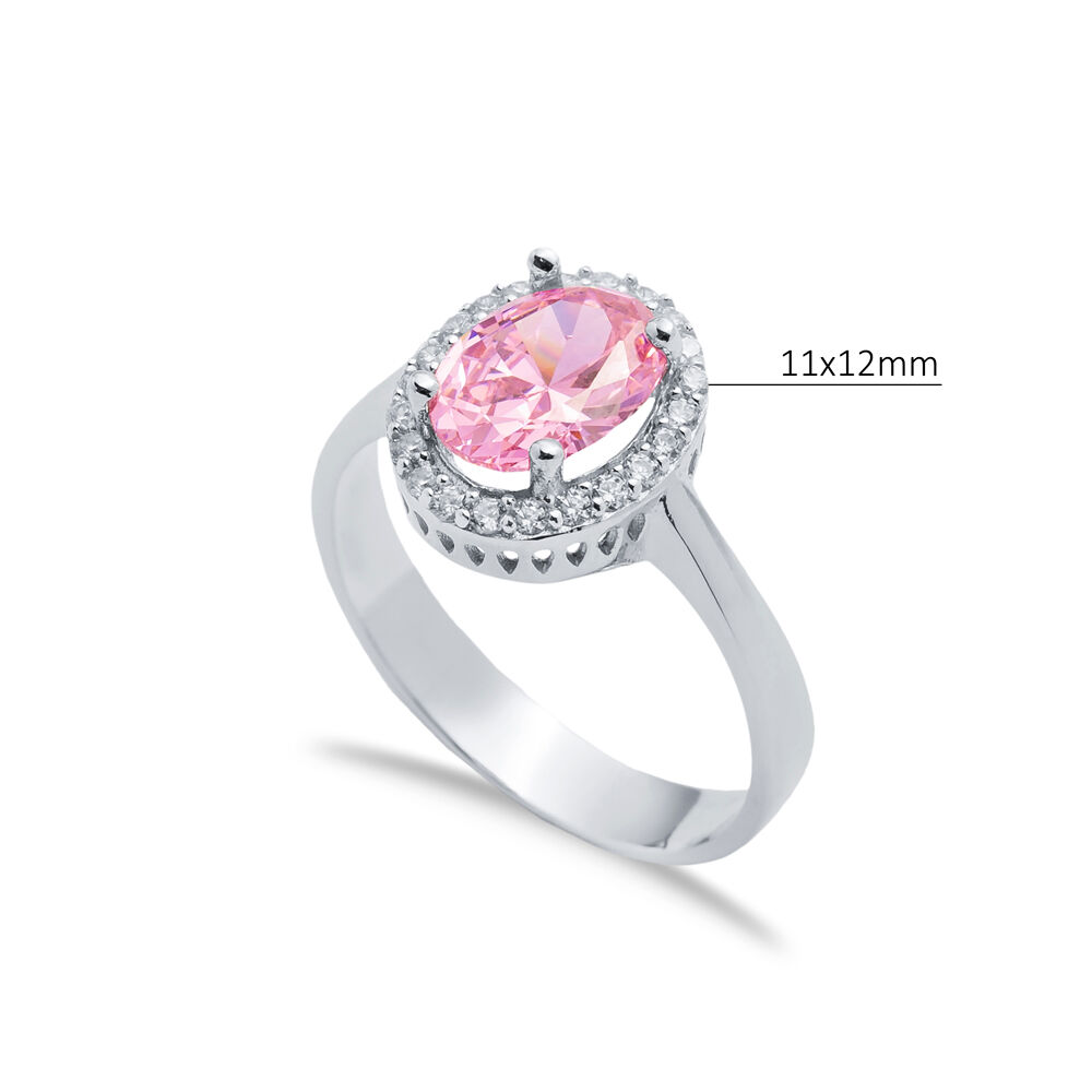 Pink CZ Stone Oval Design Sterling Silver Cluster Ring