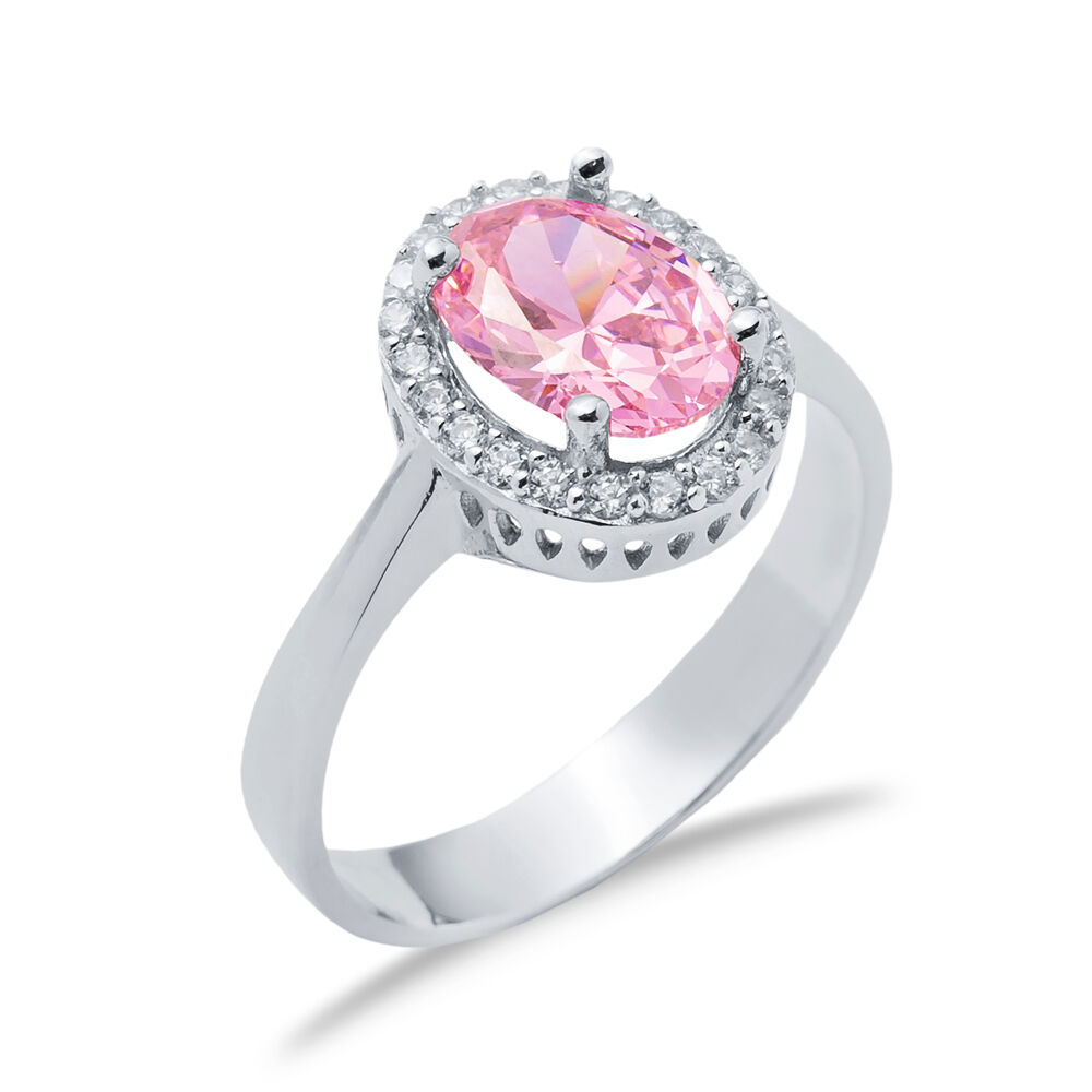 Pink CZ Stone Oval Design Sterling Silver Cluster Ring