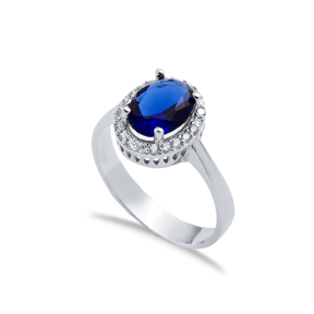 Sapphire CZ Stone Oval Design Sterling Silver Cluster Ring