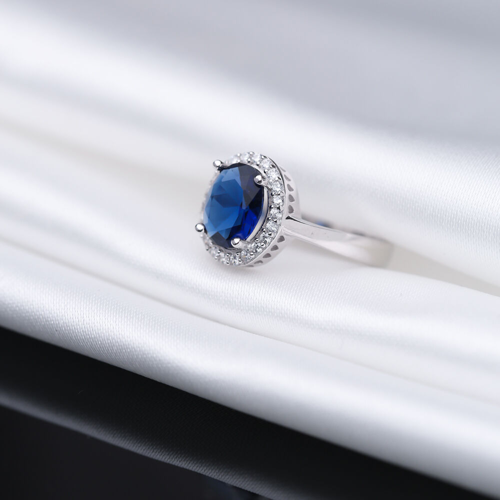 Sapphire CZ Stone Oval Design Sterling Silver Cluster Ring