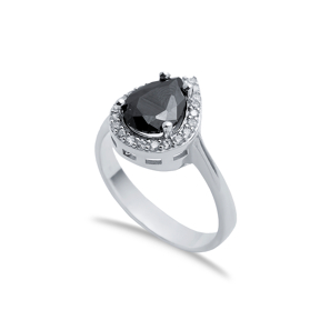 Pear Shape Black CZ Stones Cluster Women Silver Ring
