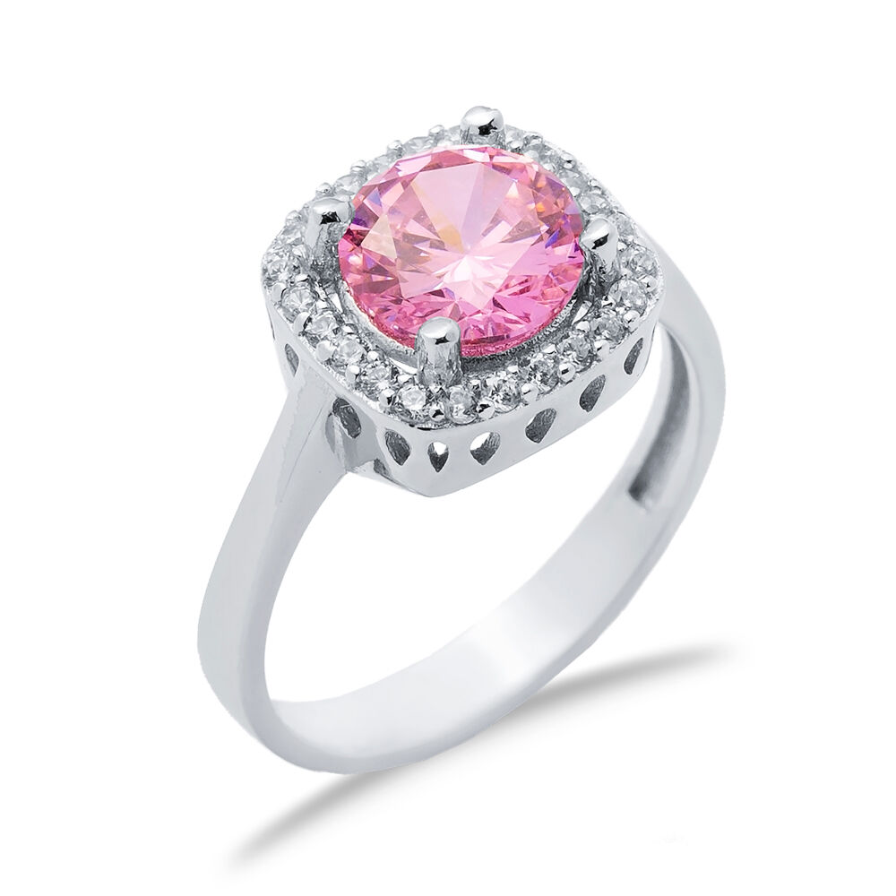 Square Design Pink CZ Stones Cluster Women Silver Ring