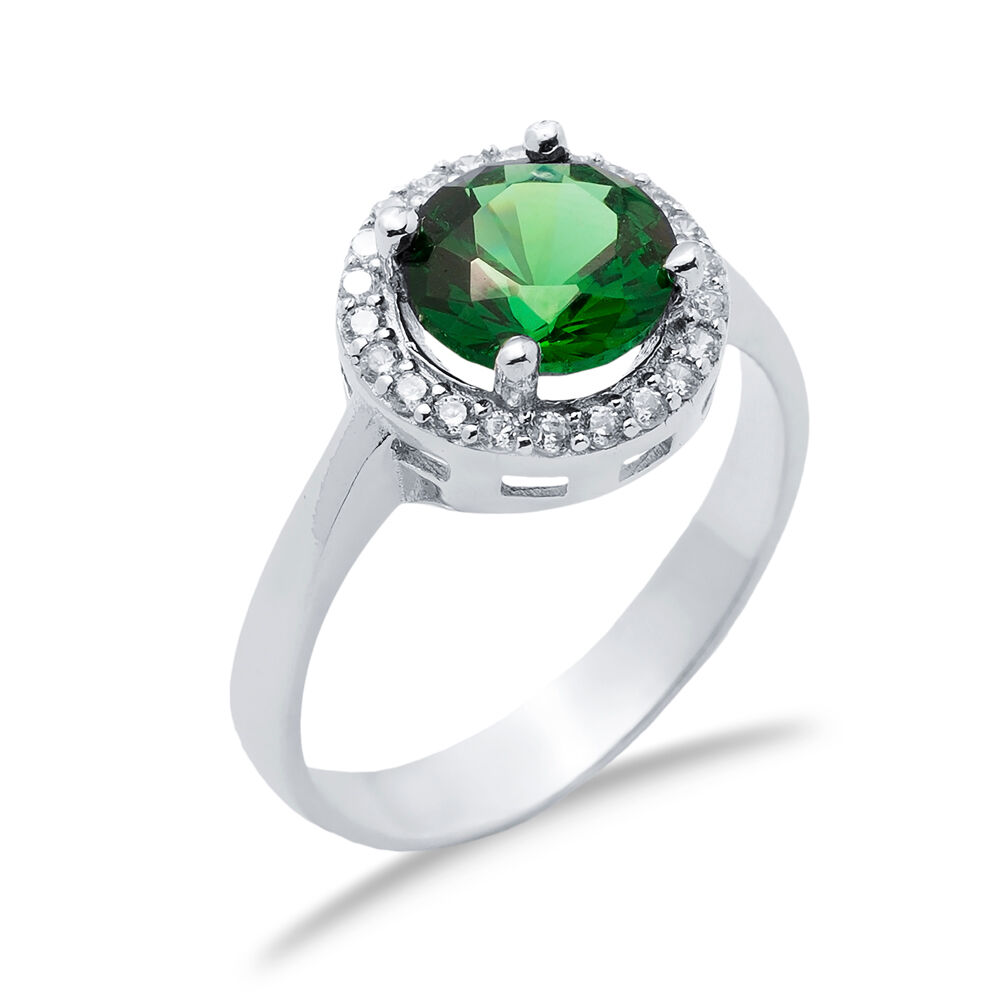 Round Design Emerald CZ Stones Cluster Women Silver Ring