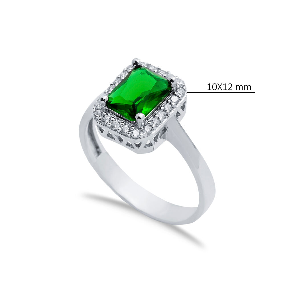 Rectangle Design Emerald CZ Stones Cluster Women Silver Ring