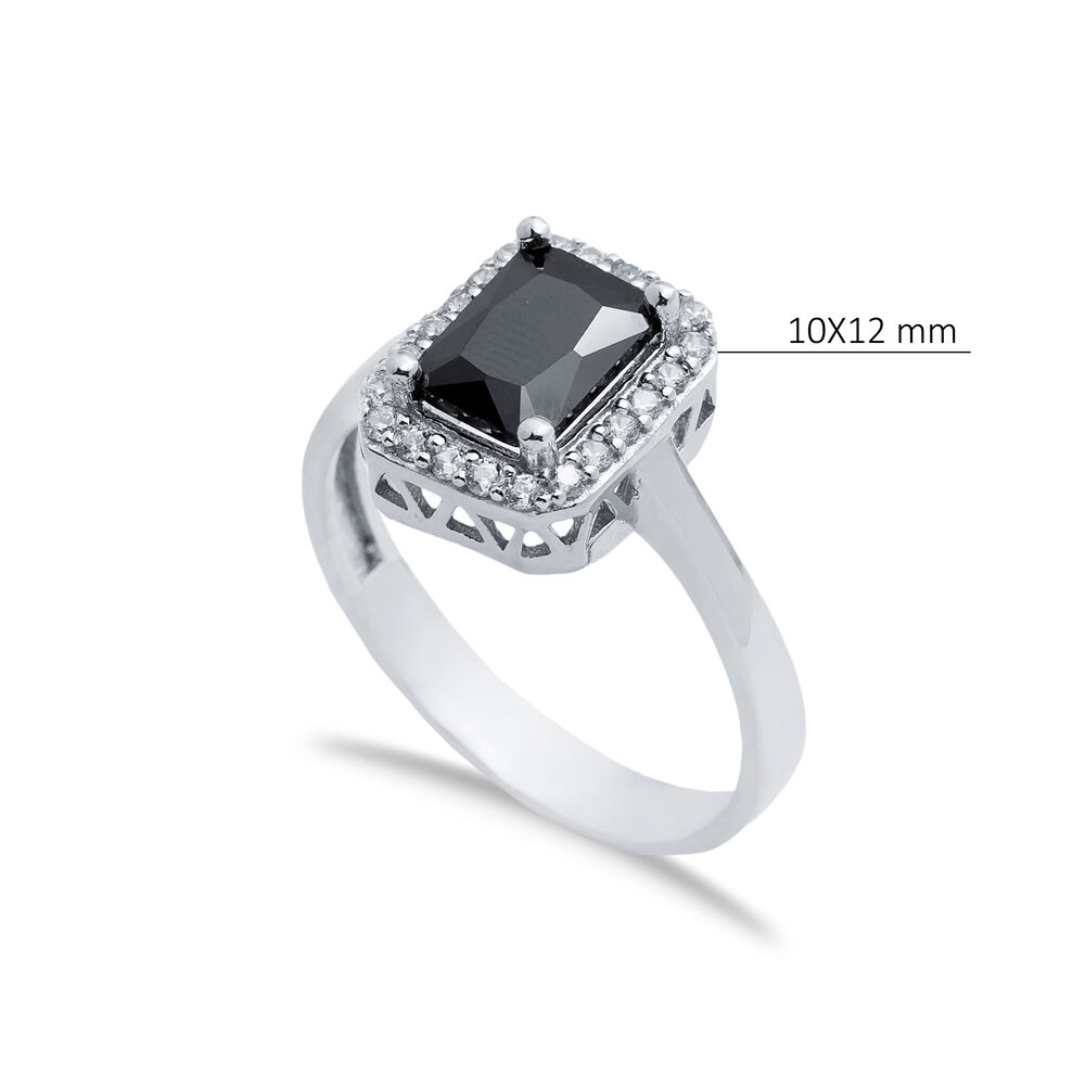 Rectangle Design Black CZ Stones Cluster Women Silver Ring