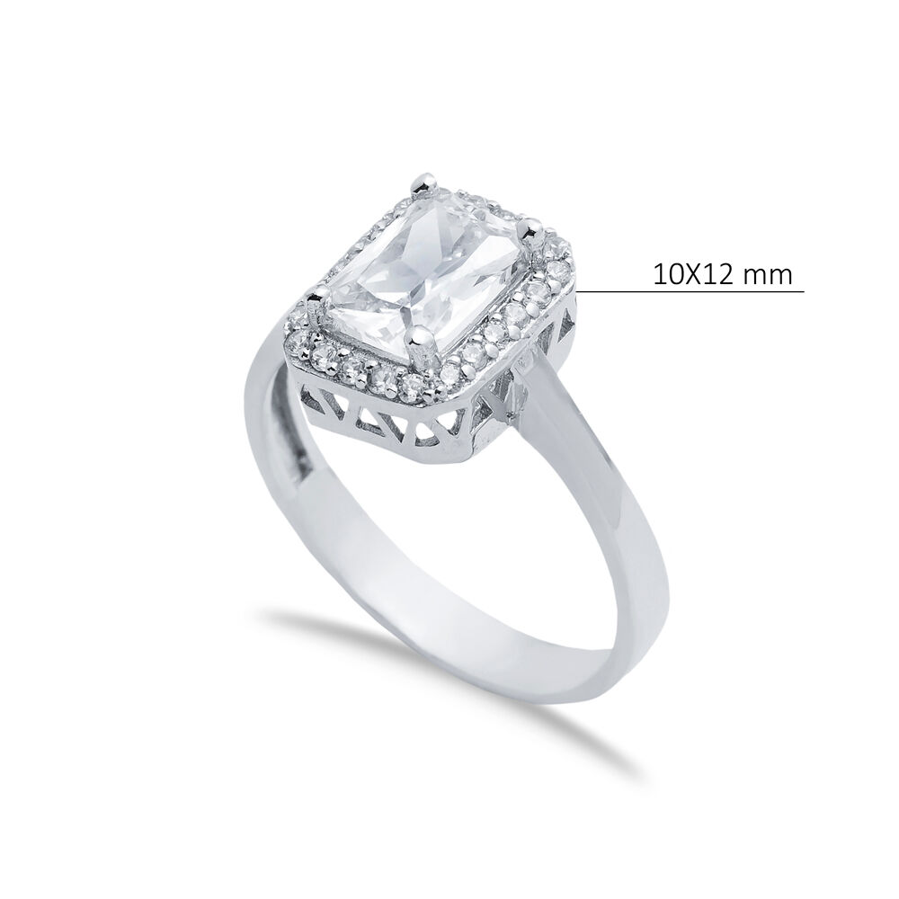 Rectangle Design CZ Stones Cluster Women Silver Ring