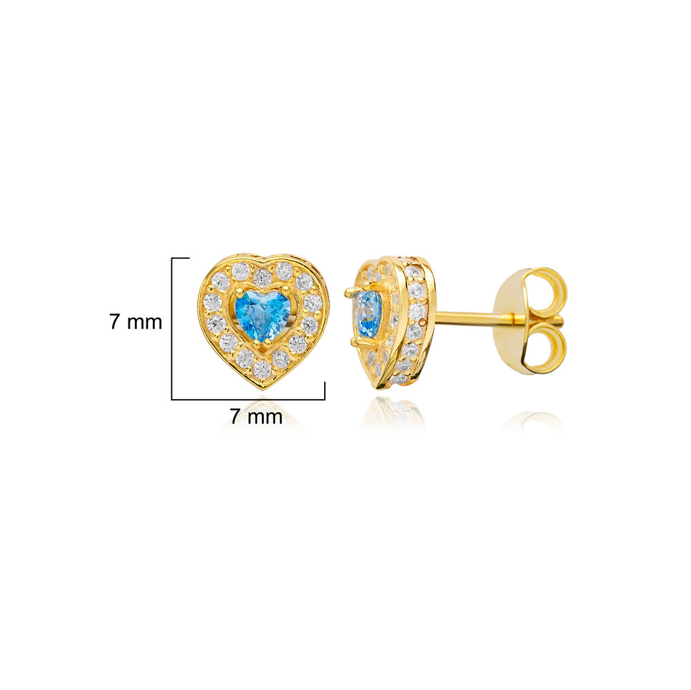 Aquamarine CZ Stone Heart Design Silver Stud Earrings