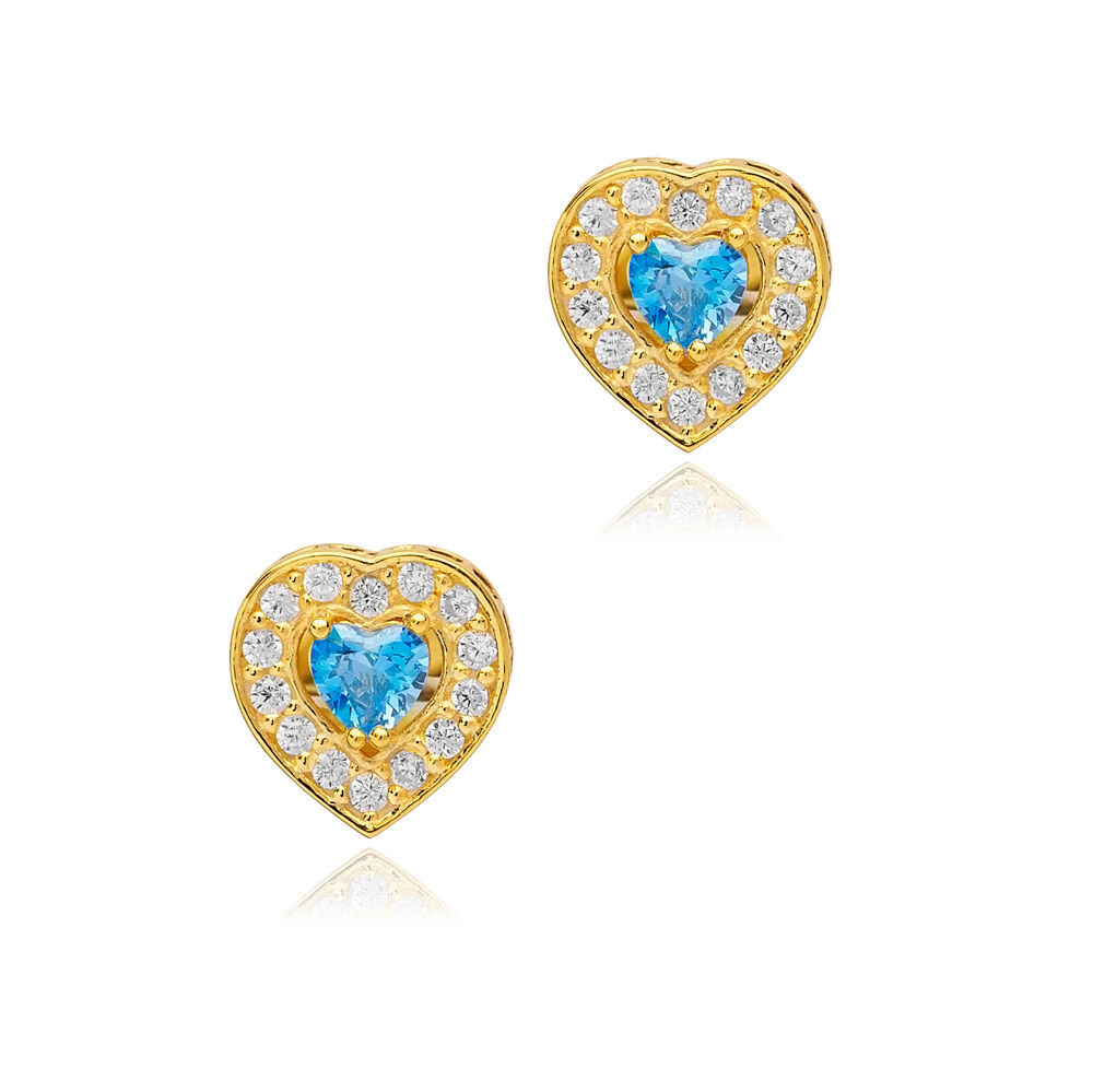 Aquamarine CZ Stone Heart Design Silver Stud Earrings