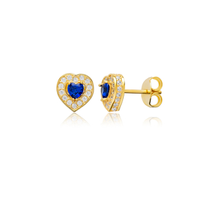 Sapphire CZ Stone Heart Design Silver Stud Earrings