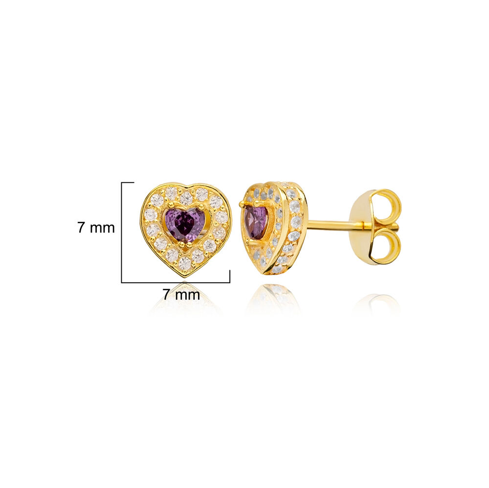 Amethyst CZ Stone Heart Design Silver Stud Earrings