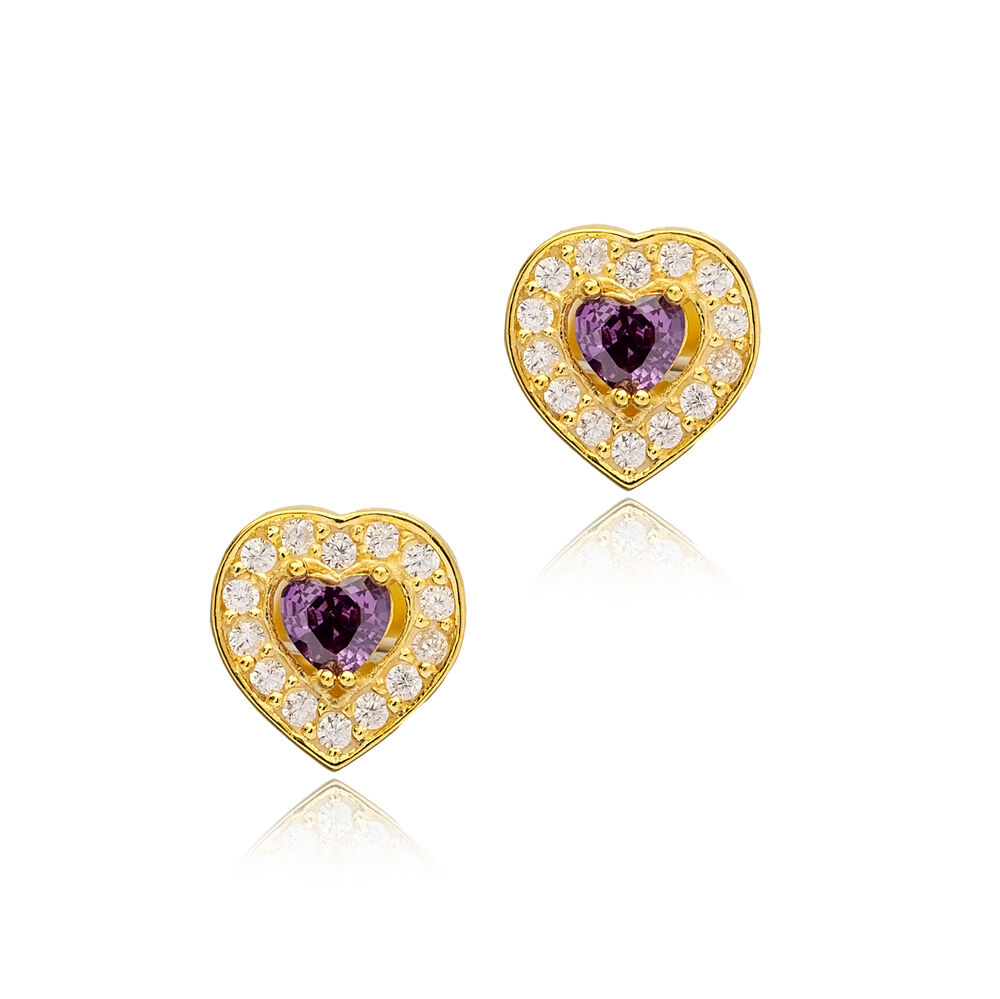 Amethyst CZ Stone Heart Design Silver Stud Earrings