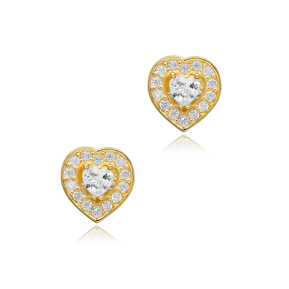 White CZ Stone Heart Design Silver Stud Earrings