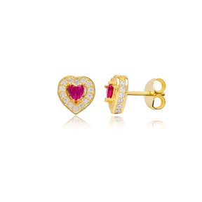 Ruby CZ Stone Heart Design Silver Stud Earrings