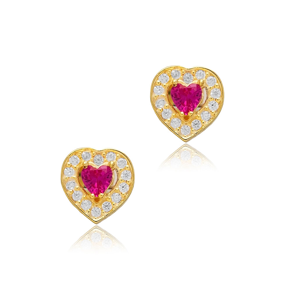 Ruby CZ Stone Heart Design Silver Stud Earrings