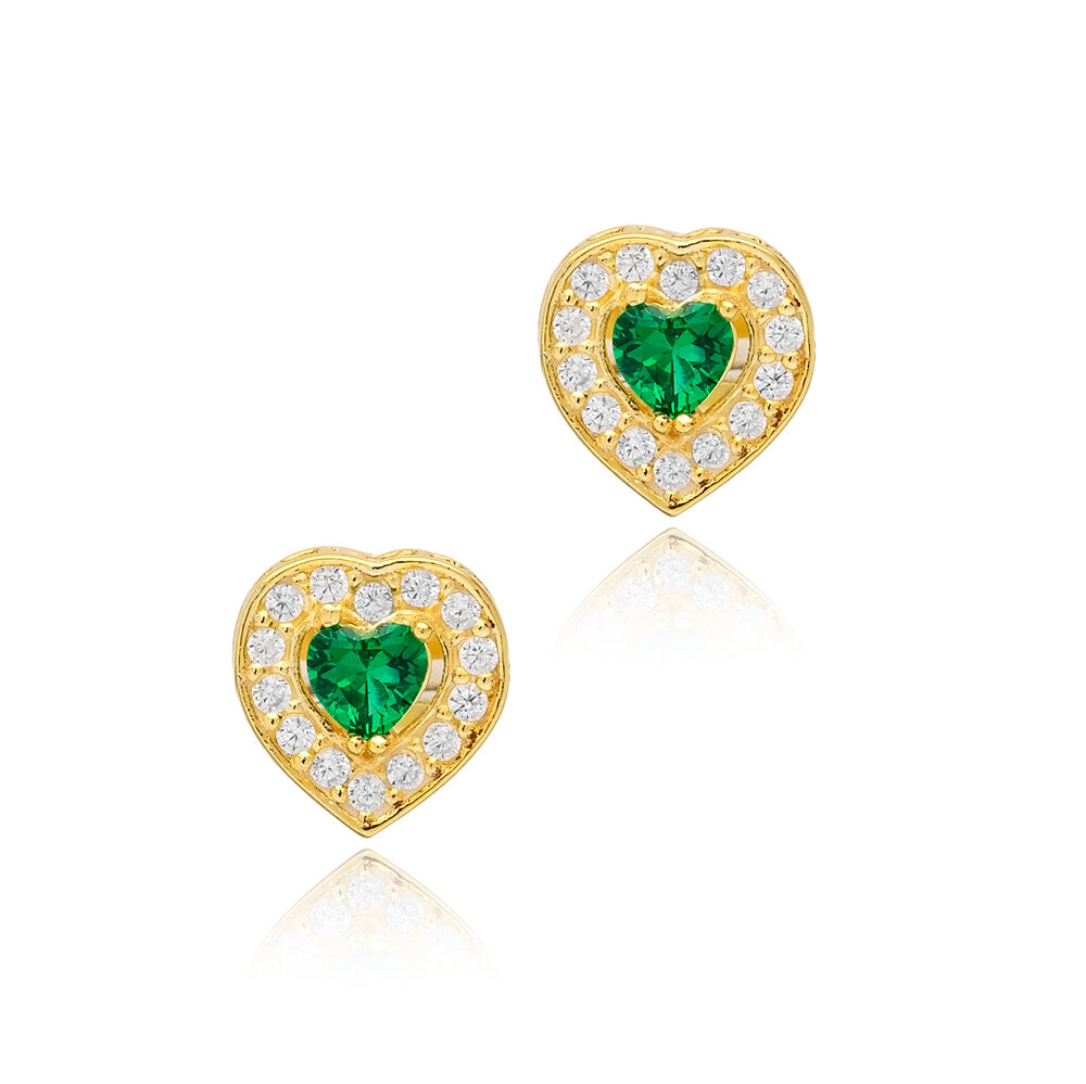 Emerald CZ Stone Heart Design Silver Stud Earrings
