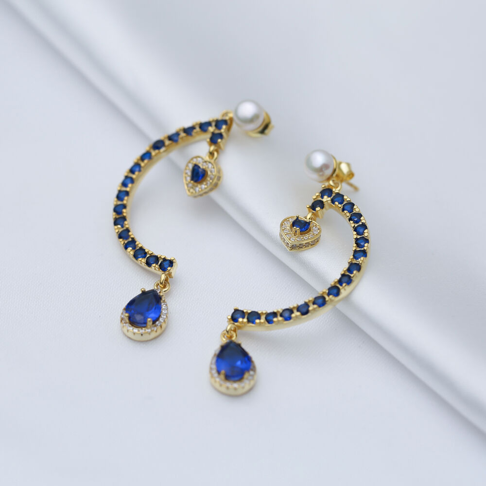 Sapphire CZ Stone Heart Design Silver Chandelier Stud Earrings