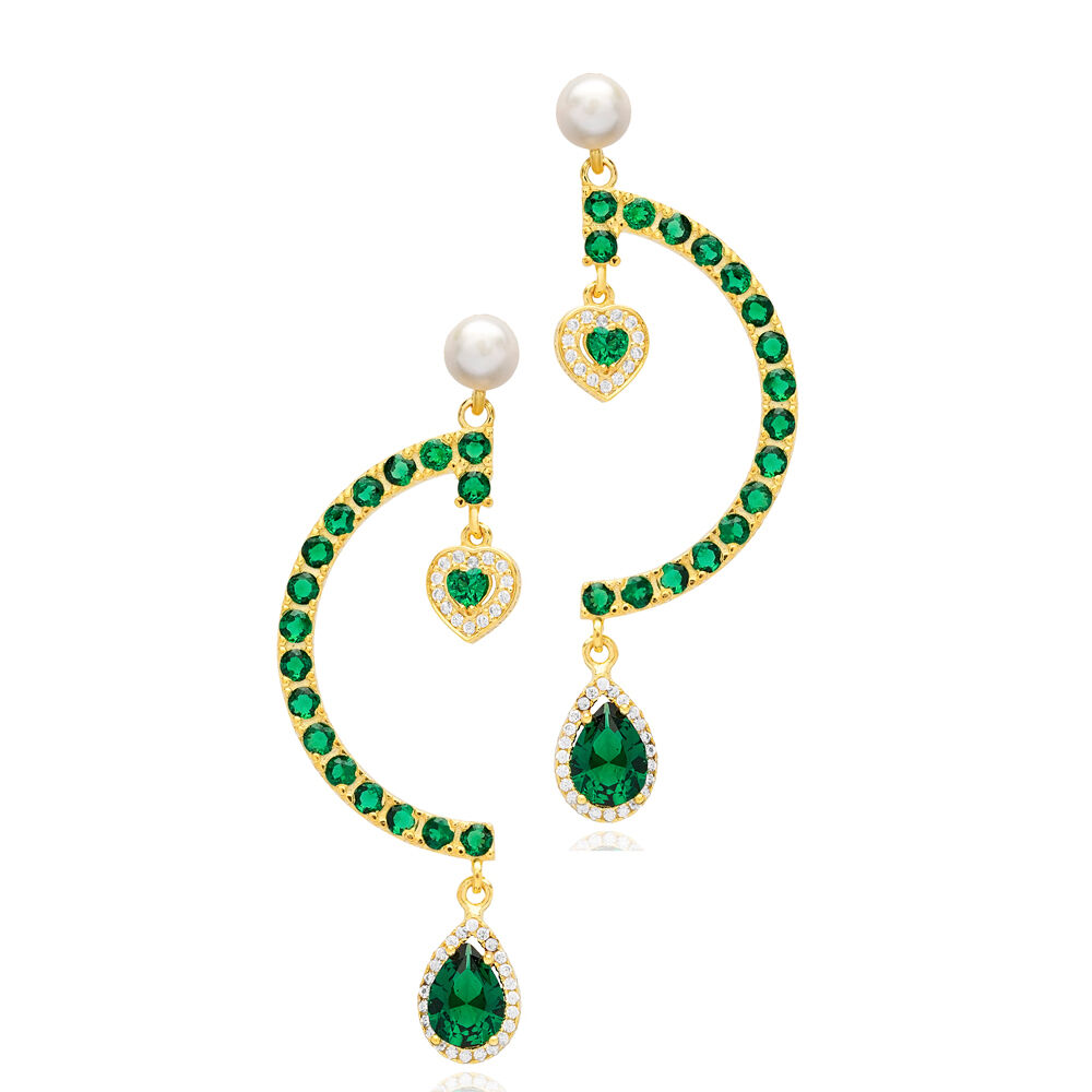 Emerald CZ Stone Heart Design Silver Chandelier Stud Earrings
