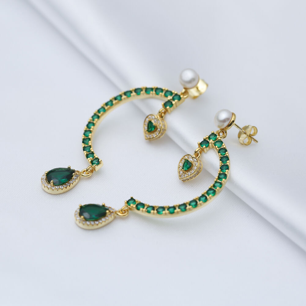 Emerald CZ Stone Heart Design Silver Chandelier Stud Earrings