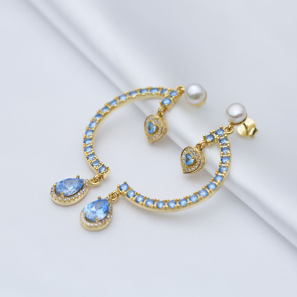 Aquamarine CZ Stone Heart Design Silver Chandelier Stud Earrings