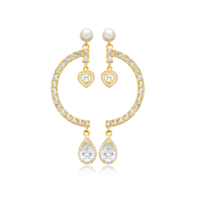 White CZ Stone Heart Design Silver Chandelier Stud Earrings