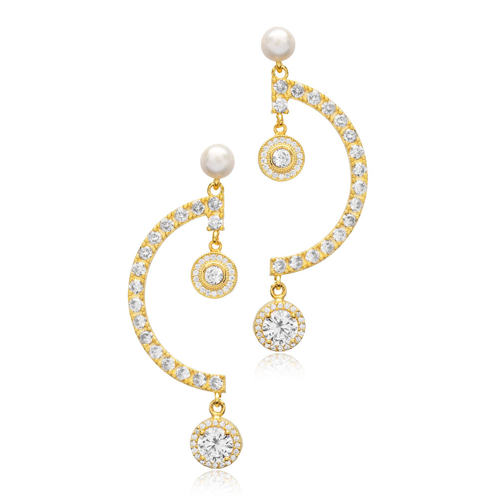 White CZ Stone Unique Pearl Round Shape Stud Earrings