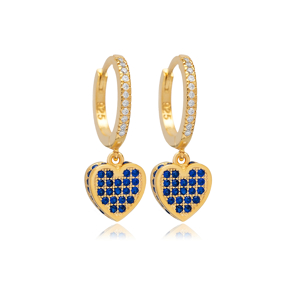 Sapphire CZ Heart Design with Stone Sides Silver Dangle Earrings