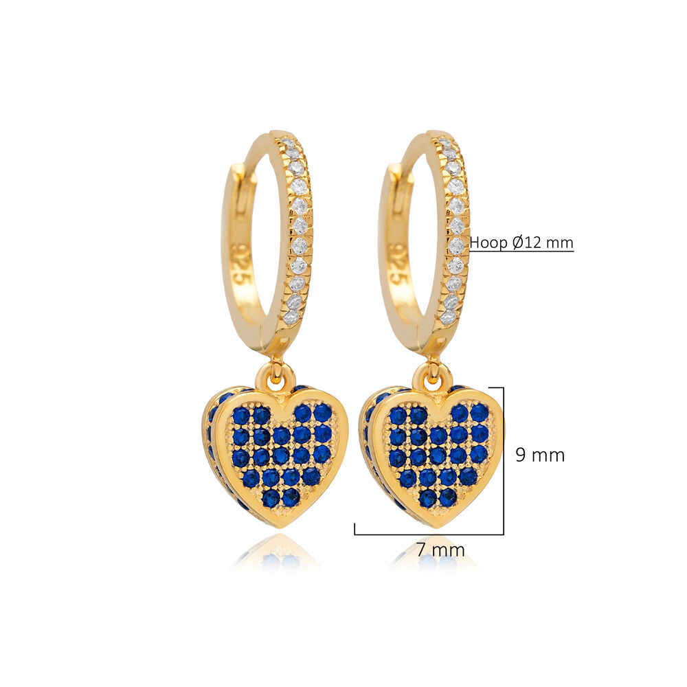 Sapphire CZ Heart Design with Stone Sides Silver Dangle Earrings