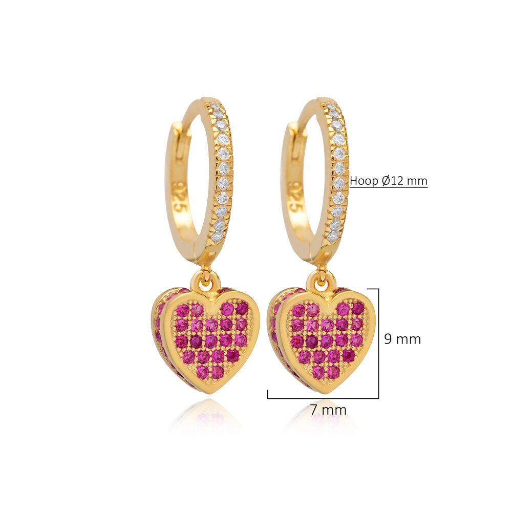 Ruby CZ Heart Design with Stone Sides Silver Dangle Earrings