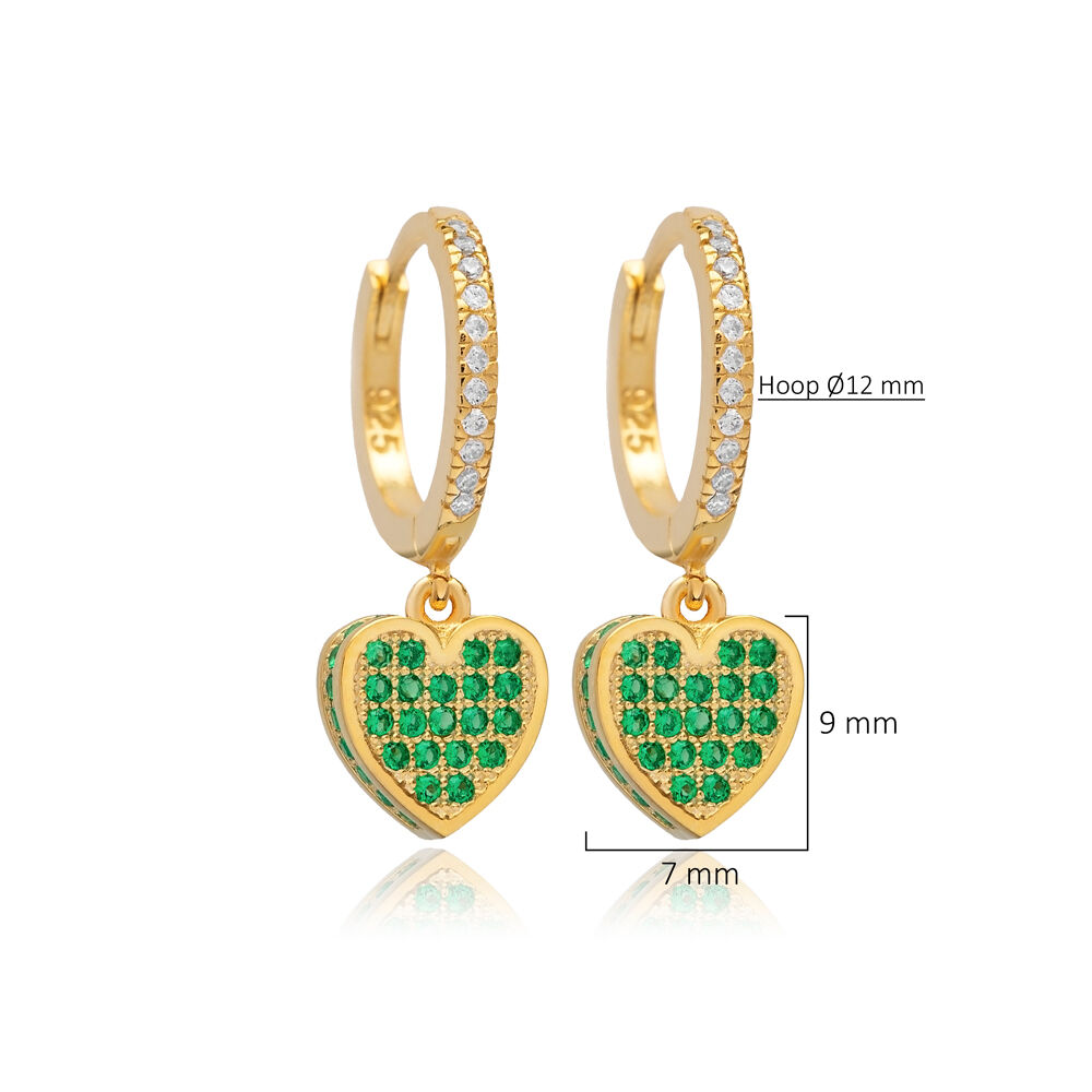 Emerald CZ Heart Design with Stone Sides Silver Dangle Earrings