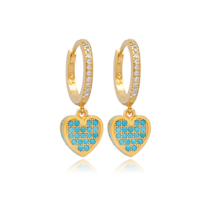 Turquoise CZ Heart Design with Stone Sides Silver Dangle Earrings