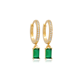 Emerald CZ Rectangle Baguette Design Silver Dangle Earrings