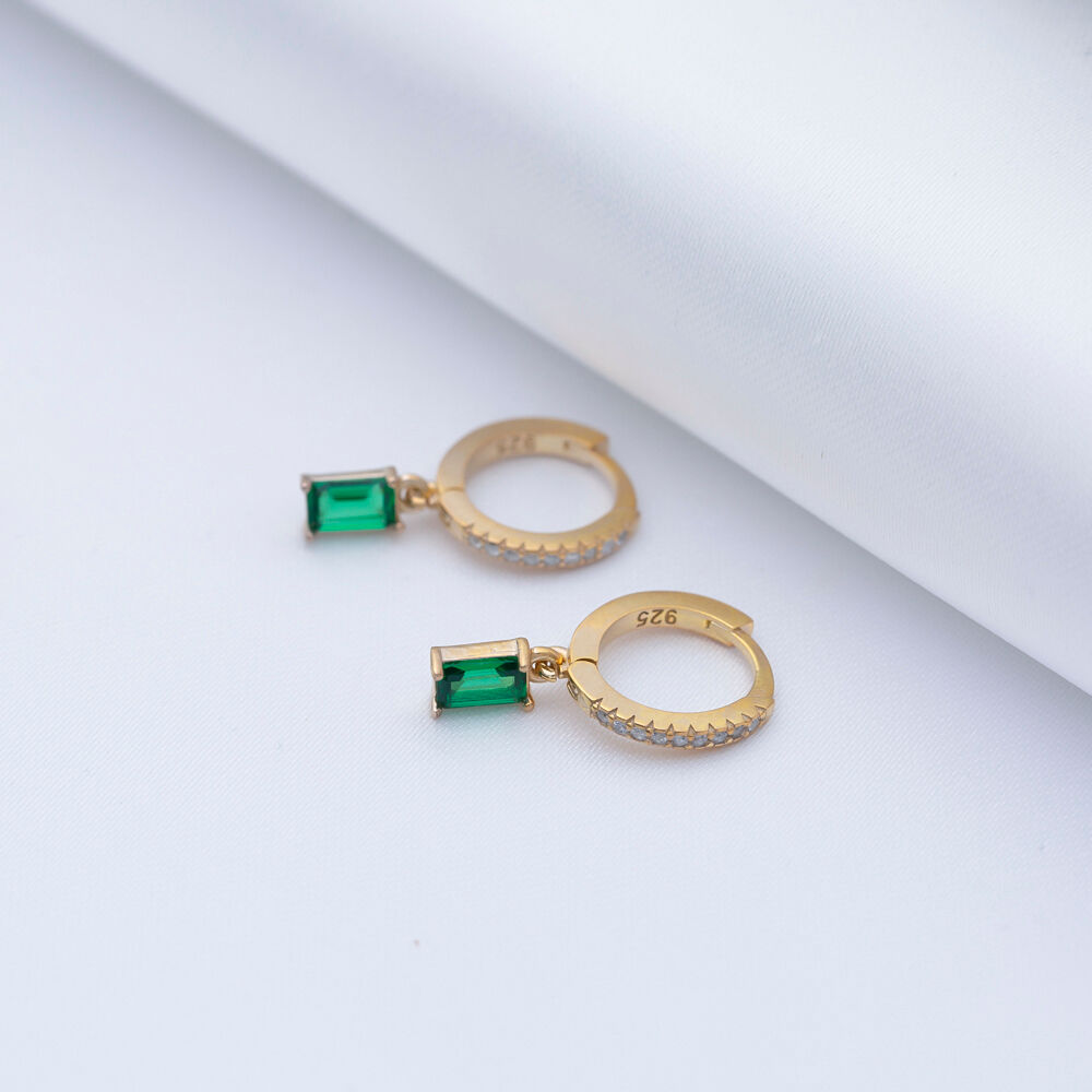 Emerald CZ Rectangle Baguette Design Silver Dangle Earrings