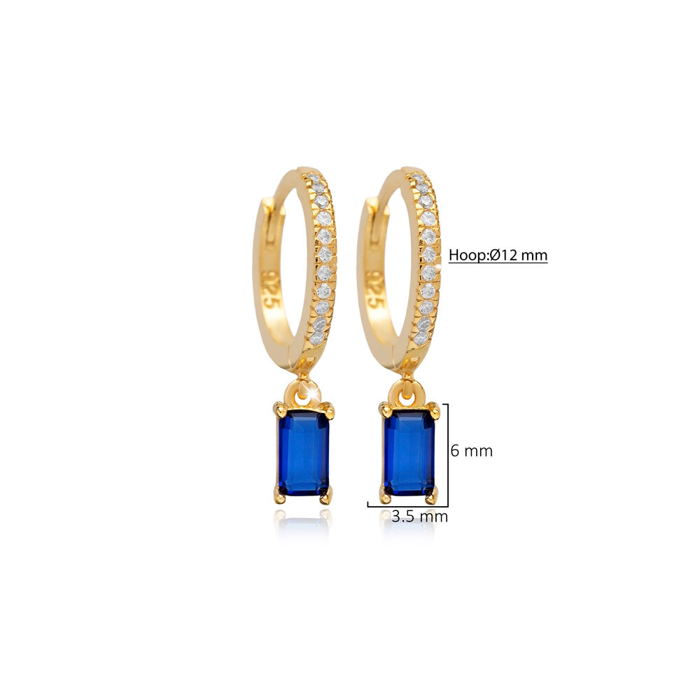 Sapphire CZ Rectangle Baguette Design Silver Dangle Earrings
