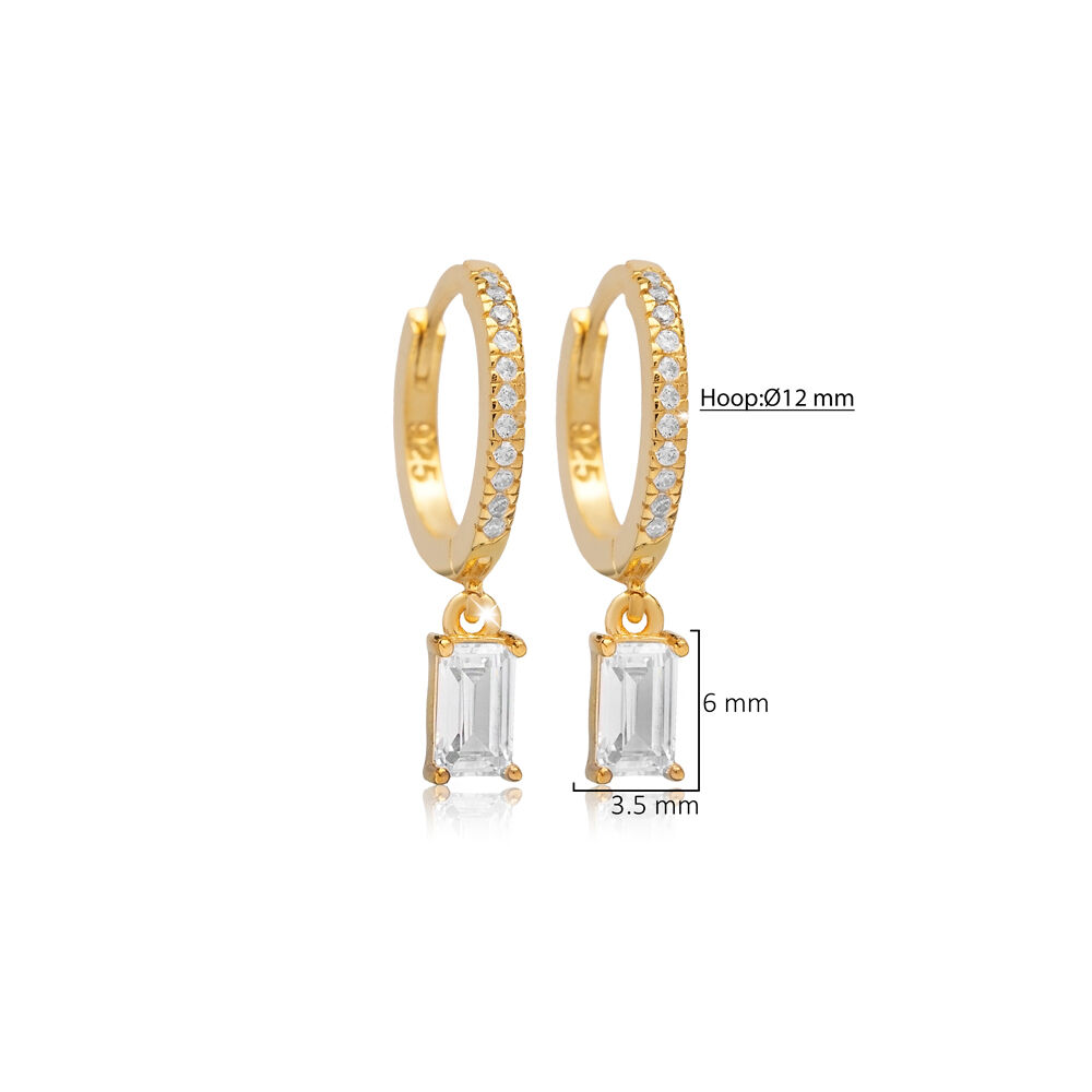 White CZ Rectangle Baguette Design Silver Dangle Earrings