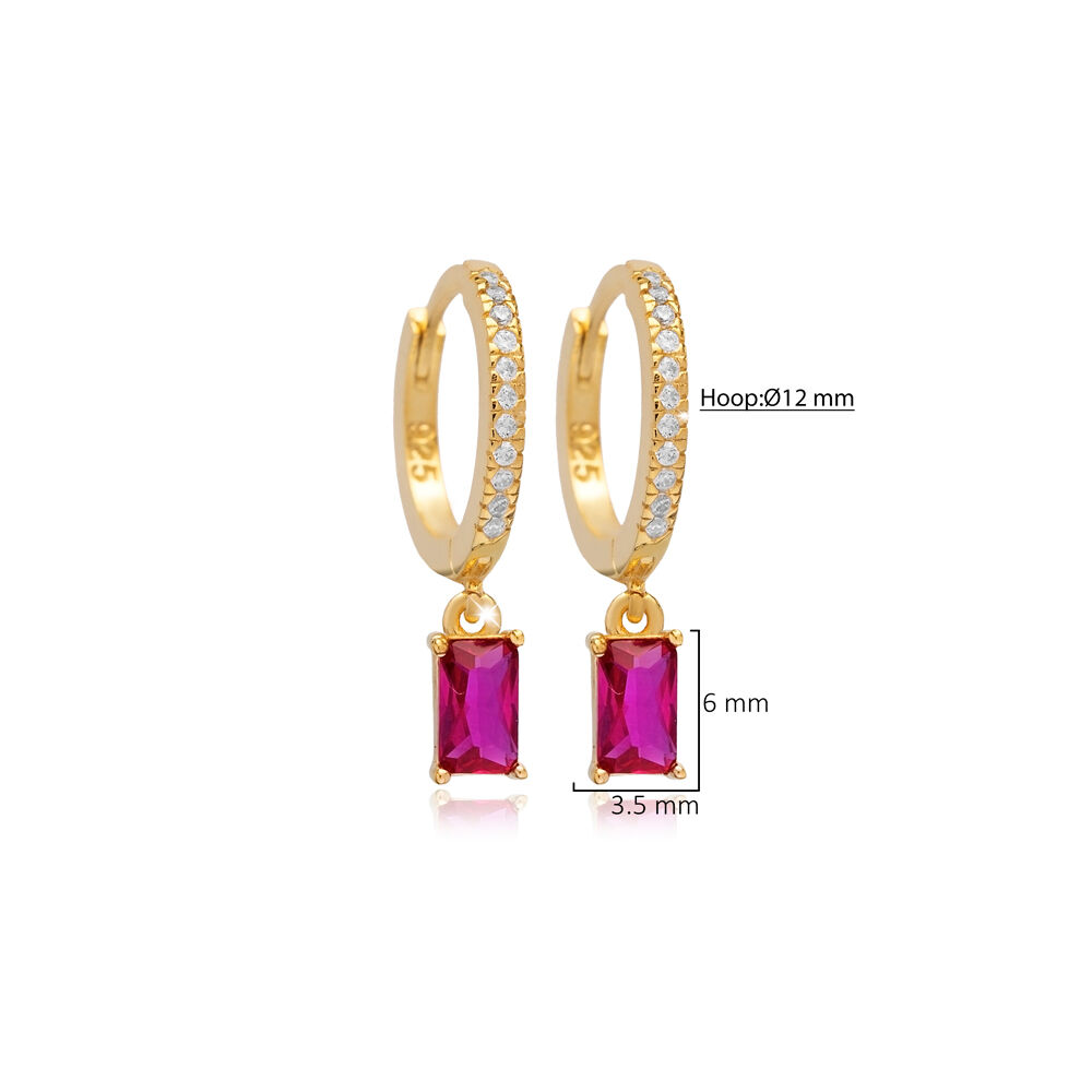 Ruby CZ Rectangle Baguette Design Silver Dangle Earrings