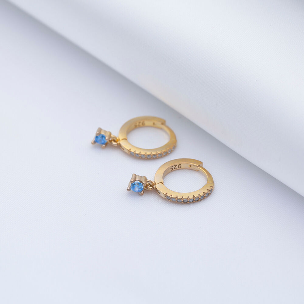 Aquamarine CZ Tiny Round Design Turkish Silver Dangle Earrings