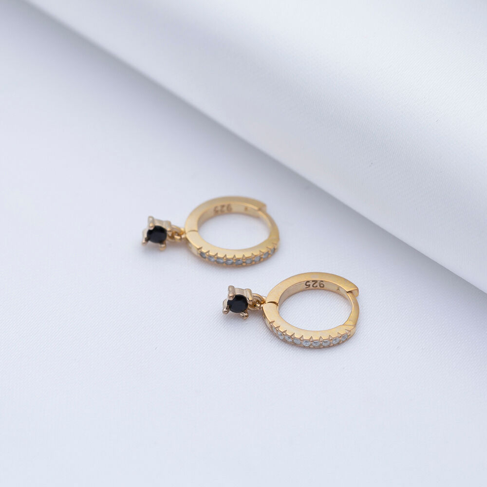 Black CZ Tiny Round Design Turkish Silver Dangle Earrings