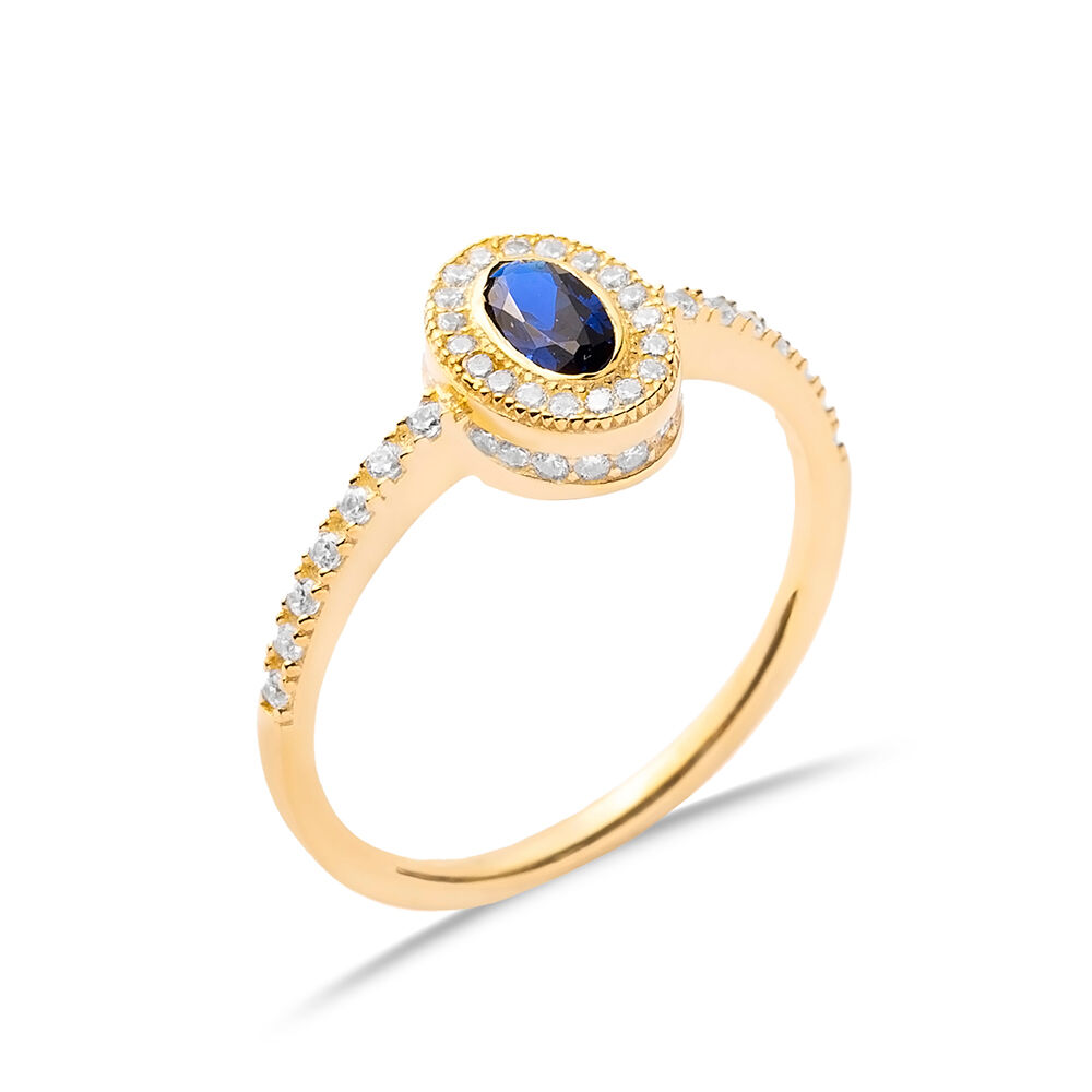 Oval Design Sapphire CZ with Stone Sides Cluster Ring