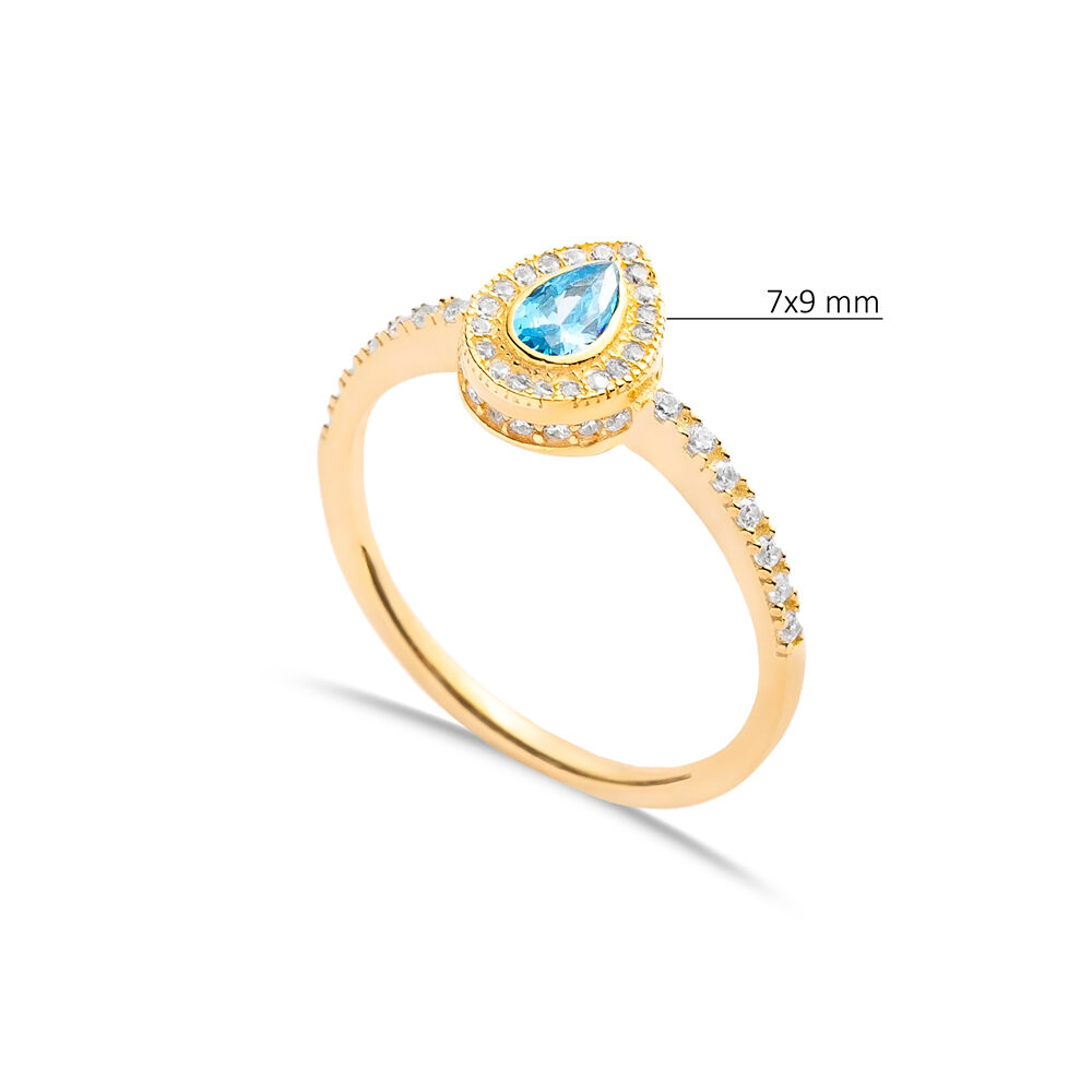 Aquamarine CZ Pear Design with Stone Sides Cluster Ring