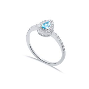 Aquamarine CZ Pear Design with Stone Sides Cluster Ring