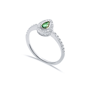 Emerald CZ Pear Design with Stone Sides Cluster Ring