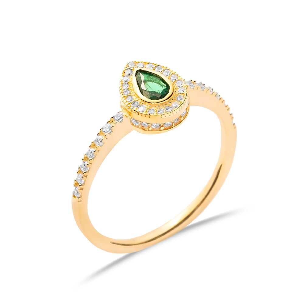 Emerald CZ Pear Design with Stone Sides Cluster Ring