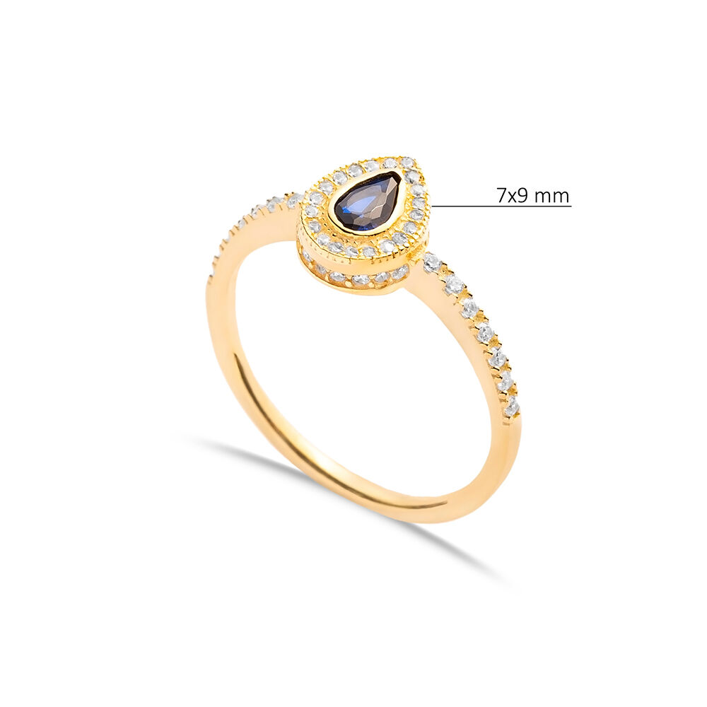 Sapphire CZ Pear Design with Stone Sides Cluster Ring