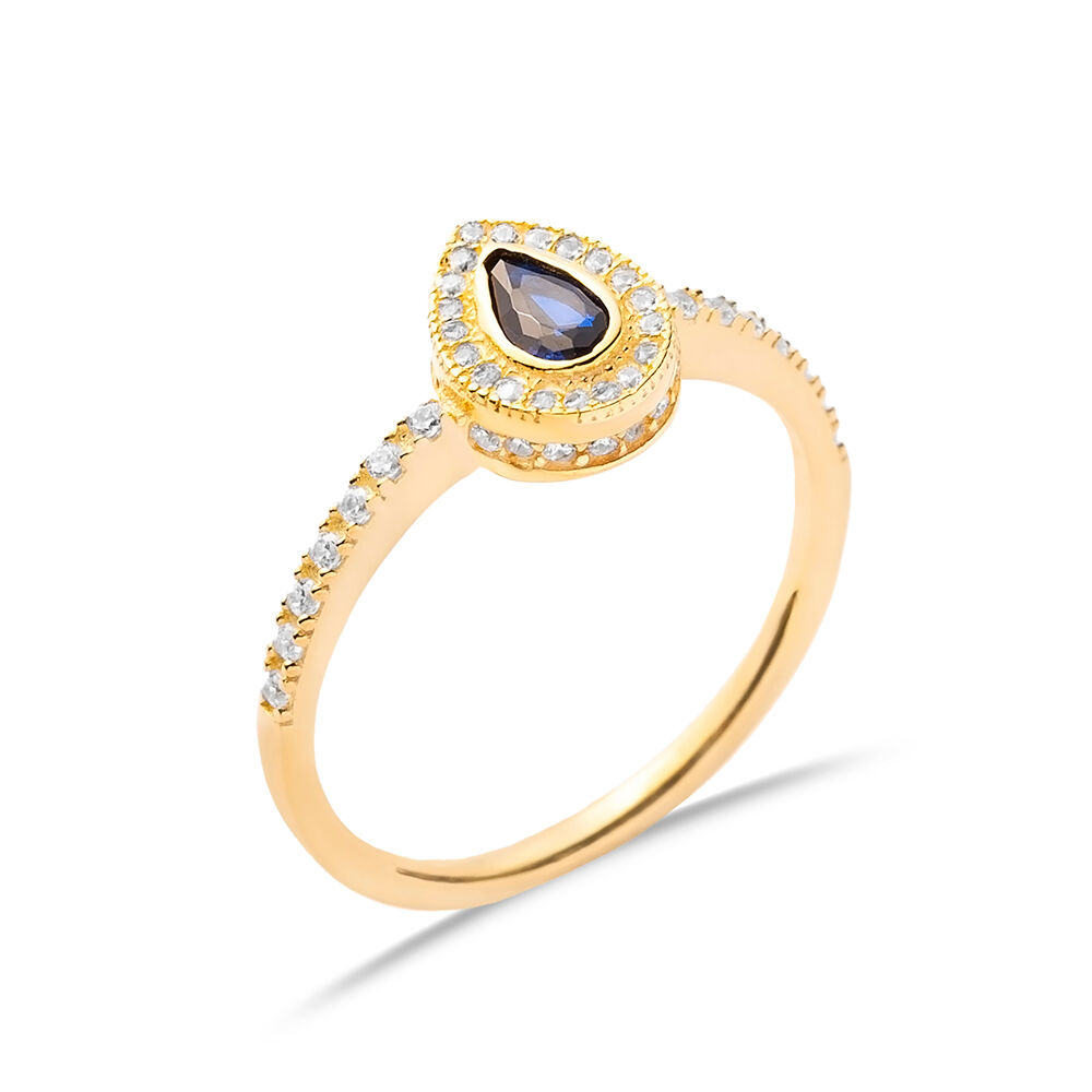Sapphire CZ Pear Design with Stone Sides Cluster Ring