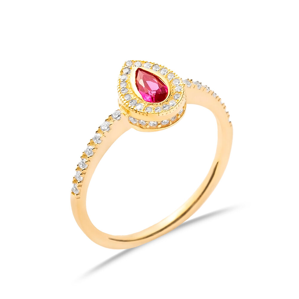 Ruby CZ Pear Design with Stone Sides Cluster Ring