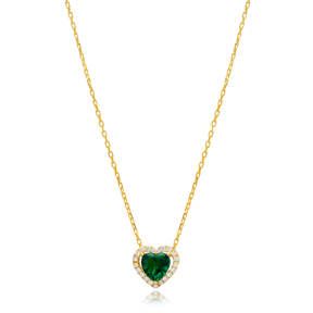 Emerald CZ Stone  Heart Design Dainty Silver Charm Necklace