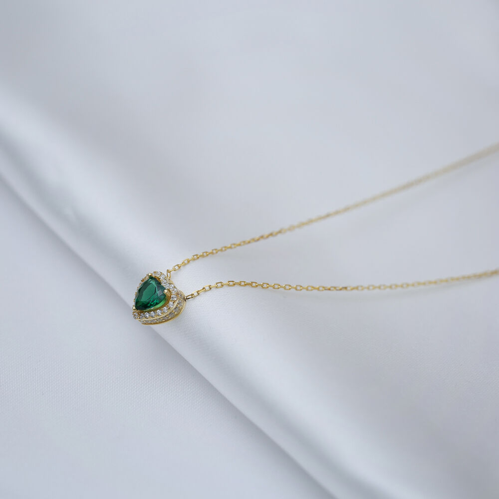 Emerald CZ Stone  Heart Design Dainty Silver Charm Necklace