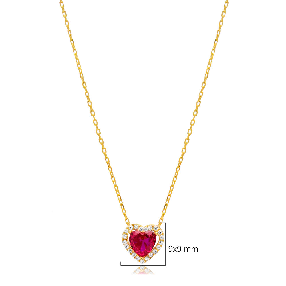 Ruby CZ Stone  Heart Design Dainty Silver Charm Necklace
