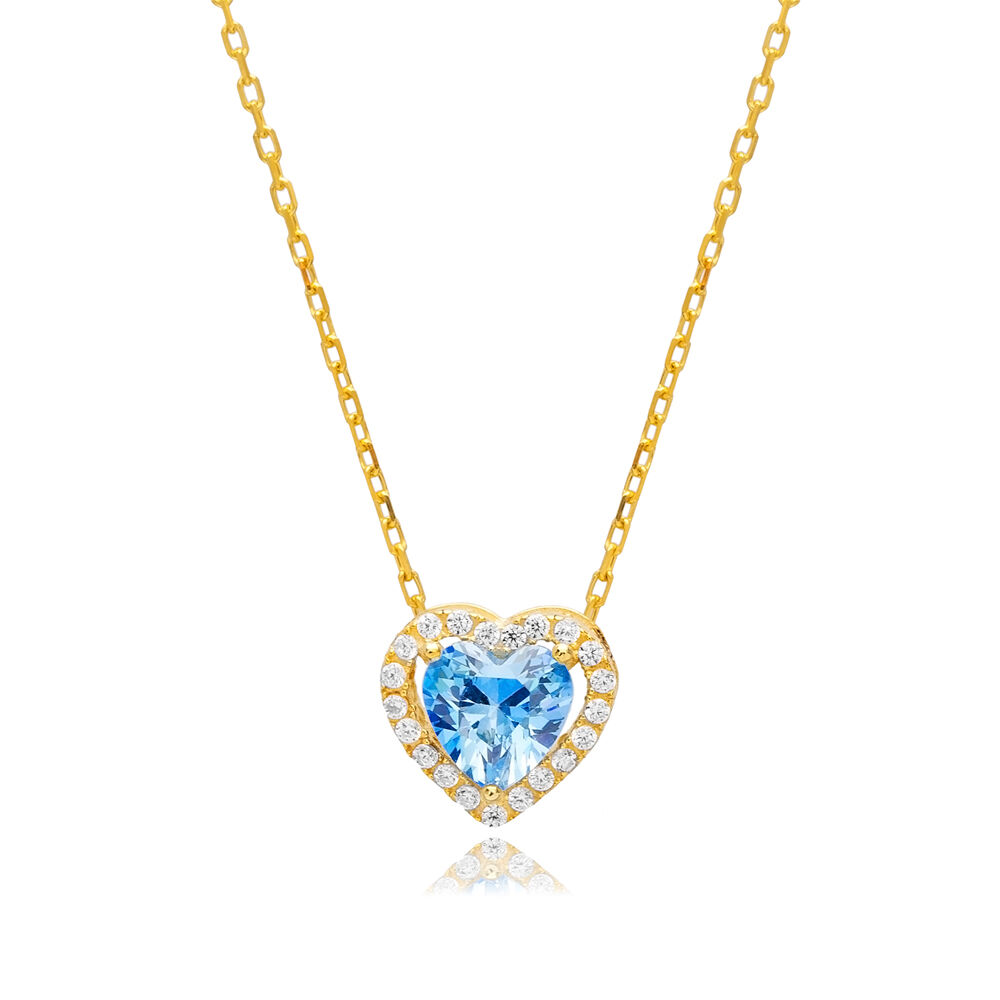Aquamarine CZ Stone  Heart Design Dainty Silver Charm Necklace