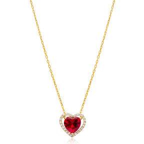 Garnet CZ Stone  Heart Design Wholesale Silver Charm Necklace